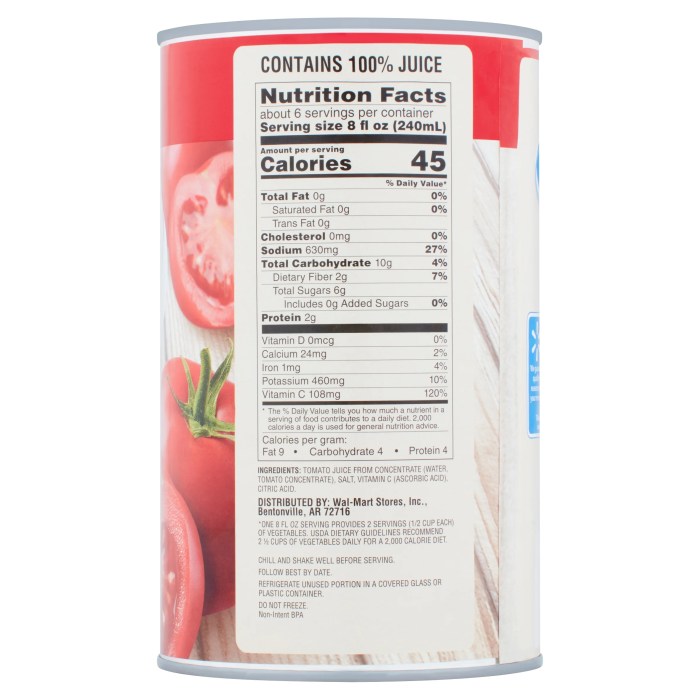 Nutrition facts tomato juice