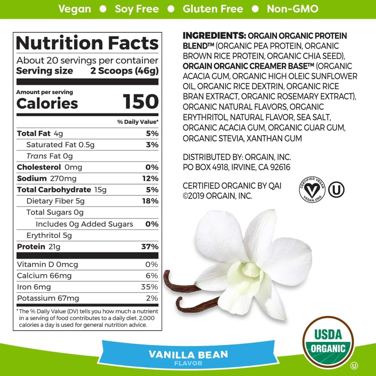 Orgain organic protein nutrition facts